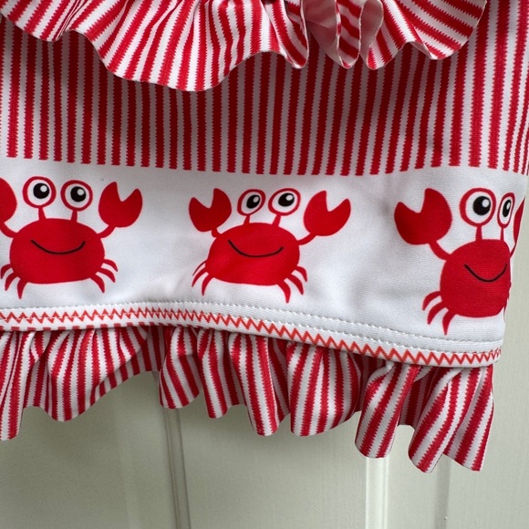 NWOT Marie Nicole 3T Girls Red & White Striped Crab Print Ruffle Bikini Top Swim - Picture 2 of 5